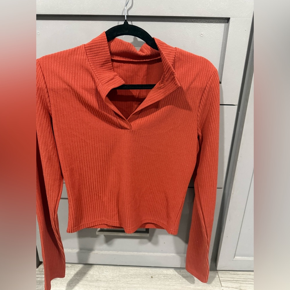 SHEIN Vibrant Orange Ribbed Long Sleeve Top